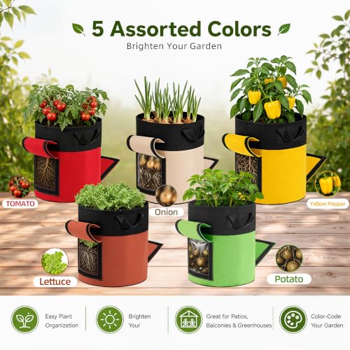 5-Pack 7 Gallon Potato Grow Bags with Harvest Window & Visible Window, Thick Nonwoven Fabric Planter Pots with Handles, Reusable Garden Bags for Potatoes, Carrot, Onion, Tomatoes and Vegetables