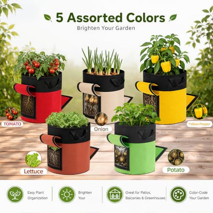 5-Pack 7 Gallon Potato Grow Bags with Harvest Window & Visible Window, Thick Nonwoven Fabric Planter Pots with Handles, Reusable Garden Bags for Potatoes, Carrot, Onion, Tomatoes and Vegetables