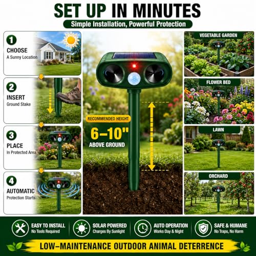 Solar Deer Repellent Ultrasonic Animal Repeller Outdoor Squirrel Deterrent