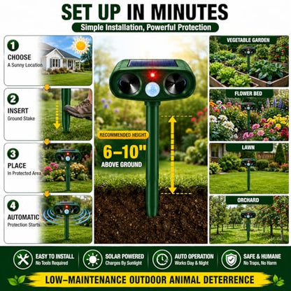 Solar Deer Repellent Ultrasonic Animal Repeller Outdoor Squirrel Deterrent