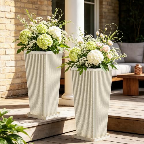 24" Tall Planters for Outdoor Plants with Tray Set of 2 Resin Beige - color: Beige-frosted