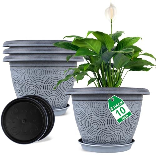 Fodetyff 10 Inch Flower Pots Planters for Indoor Outdoor Plants, 4 Pack Plastic Large Plant Pots with Drainage Hole & Tray, Modern Decorative Garden Pot with Saucer, Plant Container for House - color: Blue, size: 10 inch-4 pack