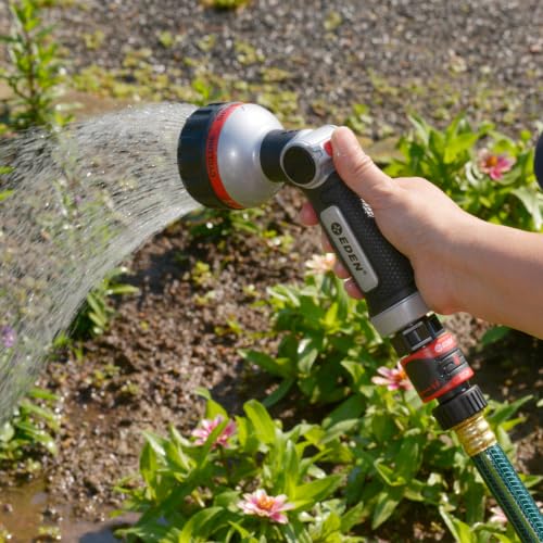 Eden Metal 6-Pattern Hose Nozzle: Thumb Operated, Heavy-Duty Aluminum Core - style: Angled Thumb Control
