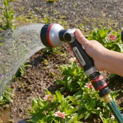 Eden Metal 6-Pattern Hose Nozzle: Thumb Operated, Heavy-Duty Aluminum Core - style: Angled Thumb Control