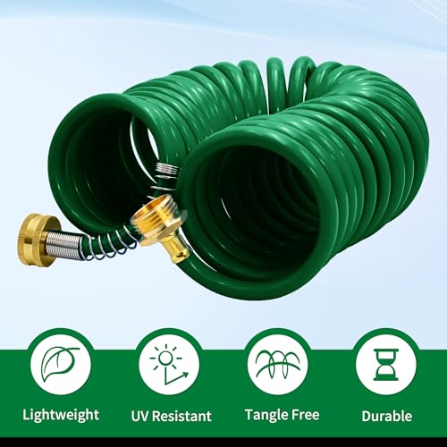 AUTOMAN Coil Garden Hose 25 ft, EVA Curly Water Hose with Brass Connectors, Recoil Garden Water Hose,Includes 7-Pattern Function Sprayer,Retractable,Corrosion Resistant Garden Coil Hose. - color: Dark Green, size: 25ft