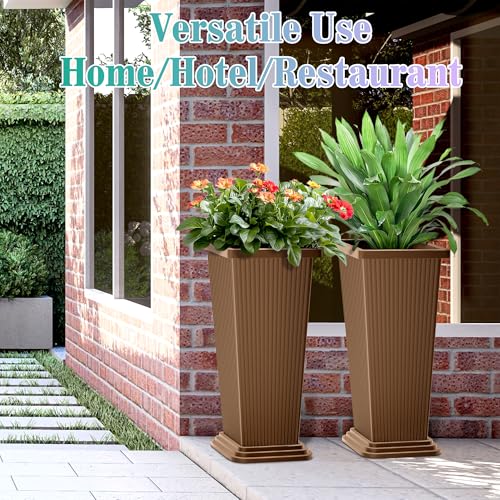 TUYOHW 24 Inch Tall Tapered Square Planters (Set of 2) - Indoor Outdoor Large Flower Pots with Built-in Drainage & Matching Water Tray for Patio, Garden, Home - Brown - color: Brown-ribbed