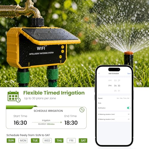 Sprinkler Timer, Solar WiFi Water Timer for Garden Hose, 2 Zone Water Sprinkler with Rain Sensor and Manual Mode via APP/Voice Control, Automatic Irrigation Control System for Lawns, Yard and Pool