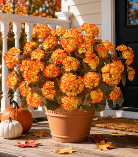 Fake Geraniums Fall Flowers Artificial Flowers for Outdoors Autumn Decor, 6 Bundles Silk Geraniums Fake Plants Realistic UV Resistant Faux Flowers for Outdoor Planters Front Door Porch, Orange Yellow - color: Fall Orange Yellow
