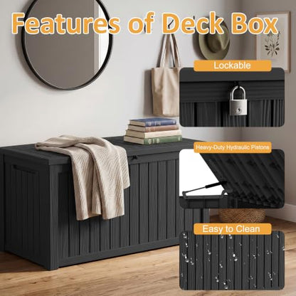 200Gal Lockable Waterproof Deck Box, Sturdy Bench for Patio & Garden Black - color: Black, size: 200 Gallon