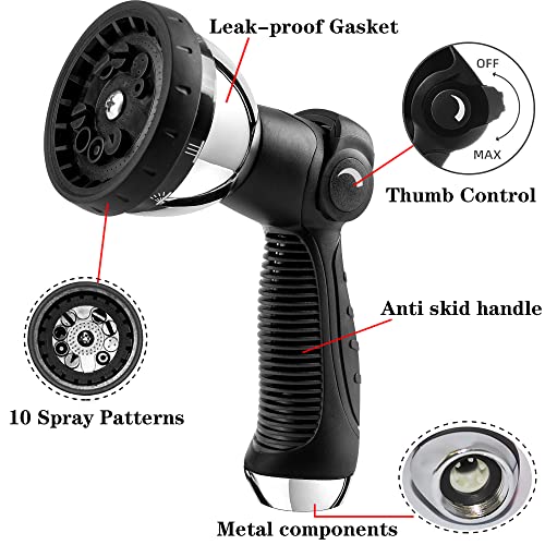Garden Hose Nozzle Spray Nozzle,10 Hose Metal Duty Watering Patterns Thumb Control On Off Valve, High Pressure Nozzle Sprayer for Watering Plants, Car Wash,Cleaning,Showering Pets - color: Black