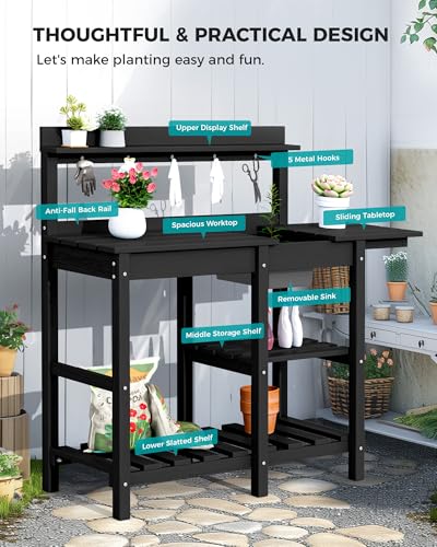 SERWALL Outdoor Potting Bench with Removable Sink,Gardening Table,Black - color: Black, size: Classic