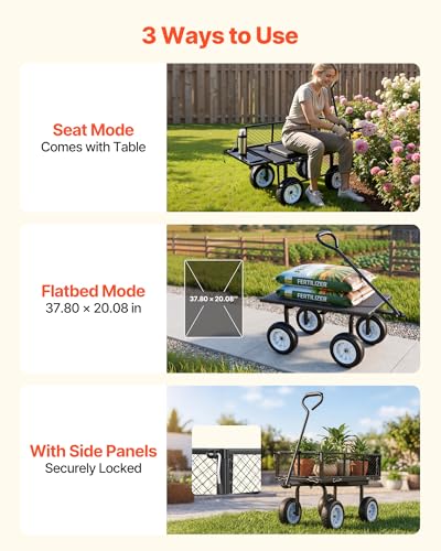 VEVOR 500 LBS Steel Garden Cart with Work Seat, Heavy Duty Garden Wagon Cart on Wheels, Outdoor Metal Utility Yard Wagon Gardening Stool with 10inch Flat Free Tires, Tool Tray & Adjustable Handle - color: Black