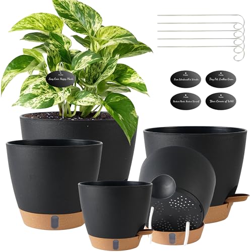 Self Watering Pots for Inoor Ourdoor Plants 8/7/6.5/6/5" Plastic Planters - color: Black, size: 8/7/6.5/6/5 Inch