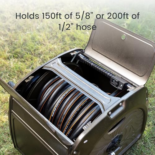 Giraffe Tools SW5 Metal Hose Reel Box, Heavy Duty Garden Hose Storage Reel Hideaway, Crank Handle, 150ft 5/8" Hose Capacity, Green - size: 150 ft Capacity