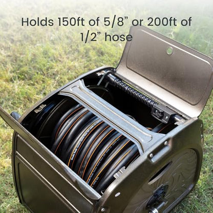 Giraffe Tools SW5 Metal Hose Reel Box, Heavy Duty Garden Hose Storage Reel Hideaway, Crank Handle, 150ft 5/8" Hose Capacity, Green - size: 150 ft Capacity