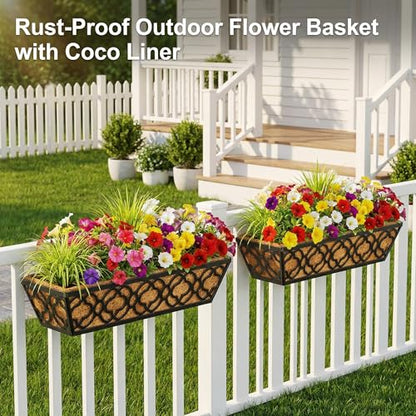 HFHOME 30 Inch Railing Planter Box with Coco Liners and Adjustable Brackets for Porch, Fence, Patio, Balcony Hanging Flower Railing Baskets, Outdoor Garden - 6 Packs - size: 30"-6P Flower