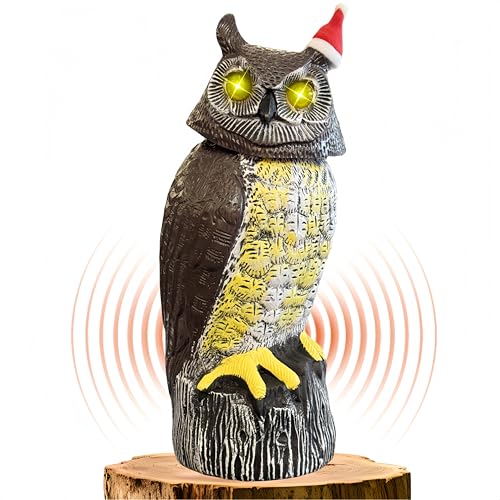 Solar Powered Owl, Motion Detection, Rotating Head, Realistic Hoots and Silent Mode, Outdoor Statue, Sculpture, Owl Decoration with a Christmas Hat for Home, Garden, Patio and Lawn
