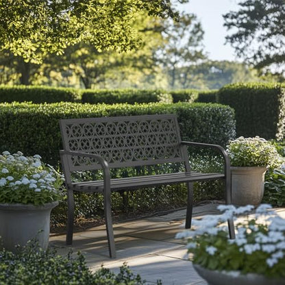 Outdoor Bench with Clover Back, Heavy-Duty Metal Frame Graden Bench, Weatherproof Patio Park Bench for Front Porch, Park, Yard, Patio - size: Clover