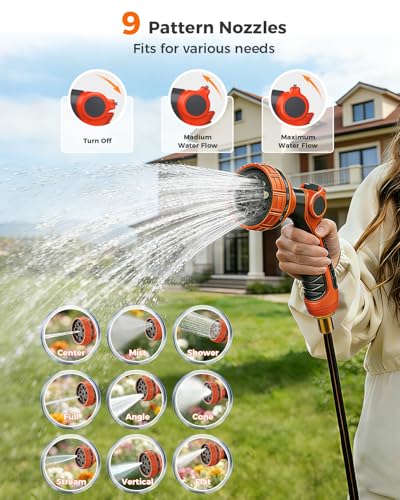 Retractable Garden Hose Reel 130 FT 1/2 Inch 180° Swivel Automatic Slow Return Any Length Lock Hose Reels for Outside 9 Pattern Sprayer Nozzle UV Resistant