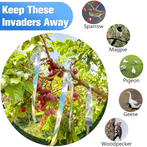 Bird Scare Tape Ribbon, 350FT x 2 in Reflective Flash Tape for Birds, Double Side Reflective Ribbon Scare Birds Woodpecker, Pigeon, Geese Away from House, Garden, Yard, Orchard, Patio, Outdoor