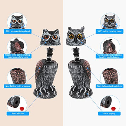 Hedoc 2 Pack Fake Owl Decoys to Scare Birds Away, Rotating Head Bird Deterrents, Nature Enemy Scarecrow Plastic Statues, Pest Repellent for Gardens and Patios - size: 10+11 Inch