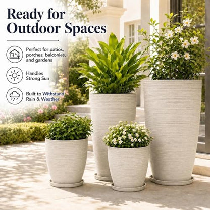 Usocik Large Outdoor Planters, Set of 4, 10/12/21/24 Inch, Beige Matte - color: Beige Ribbed Matte