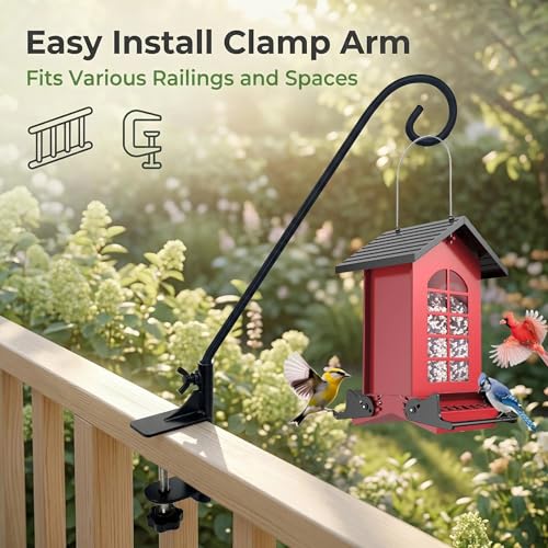 Heavy Duty Deck Hook,360 ° Rotating Design,Pole 15”Long Metal Deck Railing Hooks for Hanging Bird Feeders,Planters,Suet Baskets,Lanterns,Wind Chimes,Clamp Mounted,Under 18 LBS(2PACK)