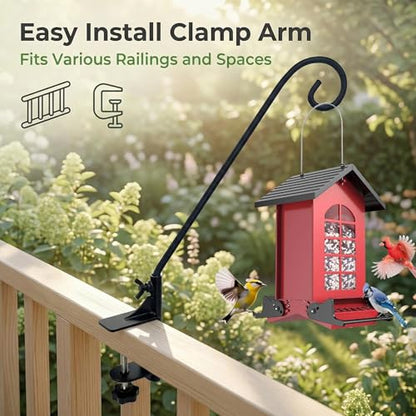 Heavy Duty Deck Hook,360 ° Rotating Design,Pole 15”Long Metal Deck Railing Hooks for Hanging Bird Feeders,Planters,Suet Baskets,Lanterns,Wind Chimes,Clamp Mounted,Under 18 LBS(2PACK)