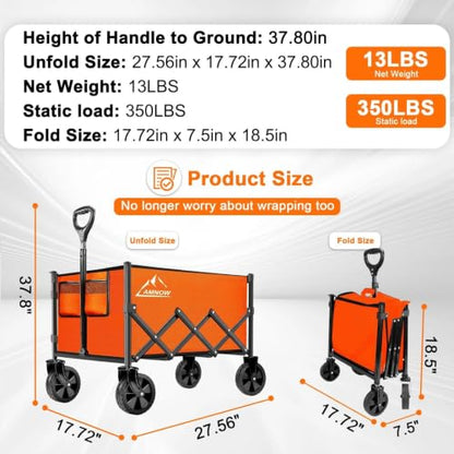 AMNOW 100L Collapsible Wagon Cart with All Terrain Wheels, 350LBS, Orange - color: Bright Orange