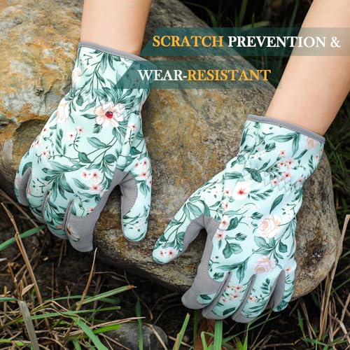 Gardening Gloves for Women, Breathable Leather Garden Gloves,Gardening Gift - color: Green - White Flowers