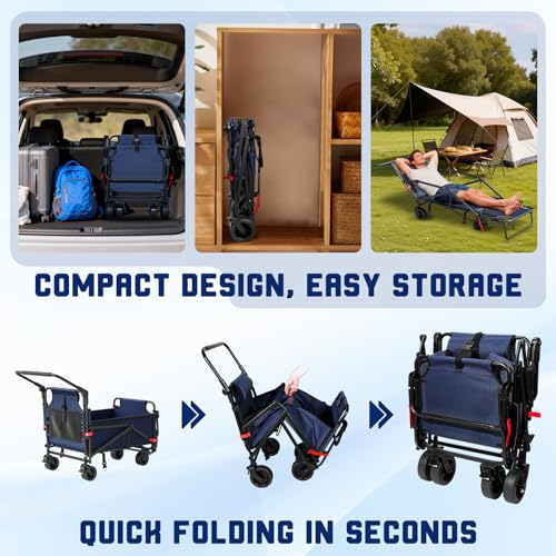 LEVELEVE Heavy Duty Folding Wagon - 2-in-1 Collapsible Cart, All-Terrain Wheels w/Brakes & Side Pockets (Blue, 400lb Capacity) - color: Blue, size: Medium