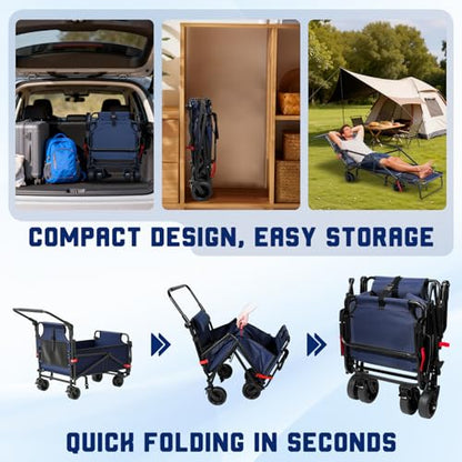 LEVELEVE Heavy Duty Folding Wagon - 2-in-1 Collapsible Cart, All-Terrain Wheels w/Brakes & Side Pockets (Blue, 400lb Capacity) - color: Blue, size: Medium