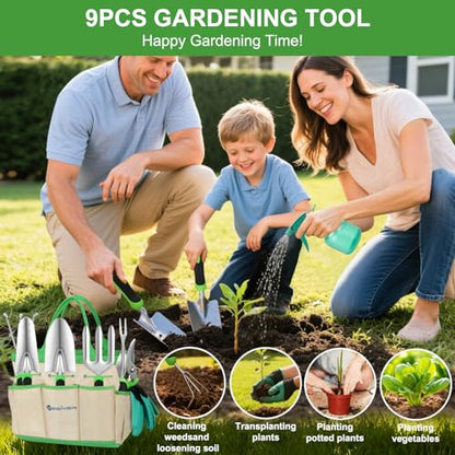 Yesker Gardening Tools 9-Piece Heavy Duty Garden Tool Set Gardening Supplies Gifts for Women Men Gardening Hand Tool Kit with Non-Slip Ergonomic Handle, Garden Bag, Durable Gloves and Shears, Green - size: 9PCS Black Green