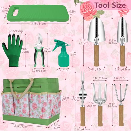 LeMotech Garden Tools Set, 10-Piece Heavy Duty Garden Hand Tools Kit with Wooden Handle, Durable Organizer Bag for Garden Supplies, Gardening Gifts for Women Grandmother, Pink Floral Pattern - style: Pink Floral Garden Bag