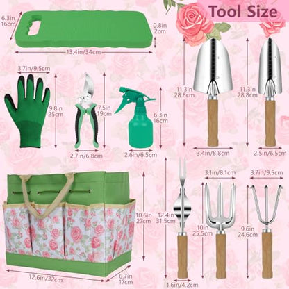 LeMotech Garden Tools Set, 10-Piece Heavy Duty Garden Hand Tools Kit with Wooden Handle, Durable Organizer Bag for Garden Supplies, Gardening Gifts for Women Grandmother, Pink Floral Pattern - style: Pink Floral Garden Bag