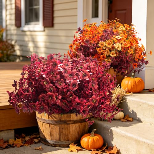 20 Bundles Fall Artificial Mums UV Resistant Outdoor Porch Decor( Wine Red) - color: Wine Red