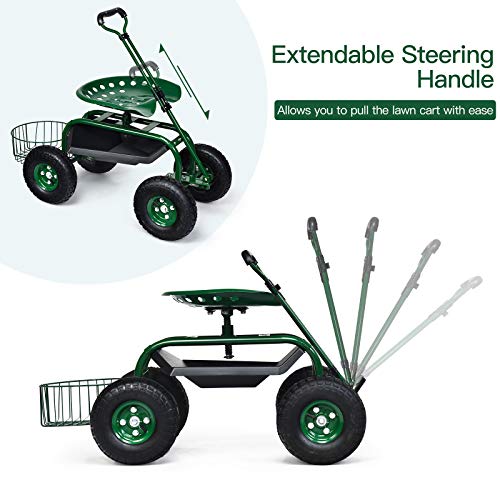Rolling Garden Cart with Seat, Heavy Duty Gardening Scooter w/Wheels, Storage & Extendable Steering Handle, Garden Work Seat for Planting, Green