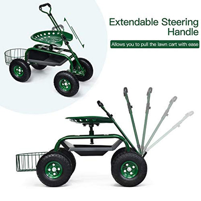 Rolling Garden Cart with Seat, Heavy Duty Gardening Scooter w/Wheels, Storage & Extendable Steering Handle, Garden Work Seat for Planting, Green