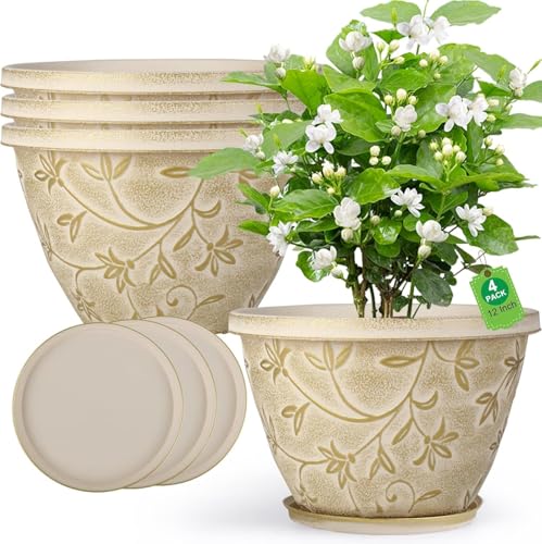 4 Pack 12 Inch Pots for Plants, Plastic Flower Pots Outdoor Indoor, Beige - color: Beige, size: 12 Inch