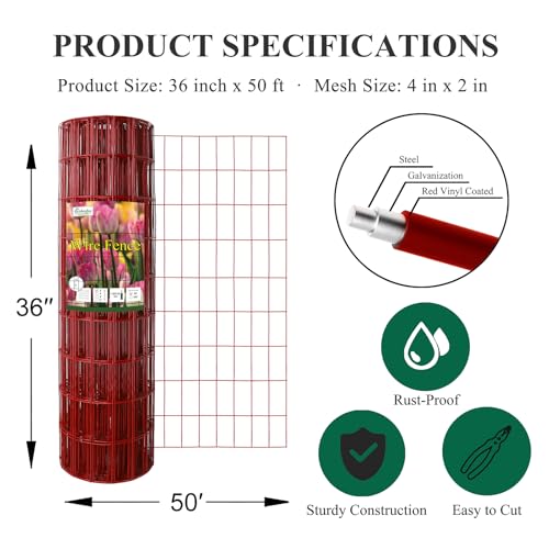 Red PVC Coated Welded Wire Fence 36" x 50' Roll, 2"x4" Mesh, 14 Gauge - color: Red, size: 2''x4'' 14GA 36''x50'