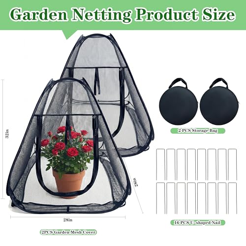 2PCS Pop-Up Garden Netting Protector with 2 Storage Bags & 16 U-Shaped Nails, 28"x28"x32" Plant Shade Tent， Mesh Plant Cover from Animals for Vegetables Fruits Flowers