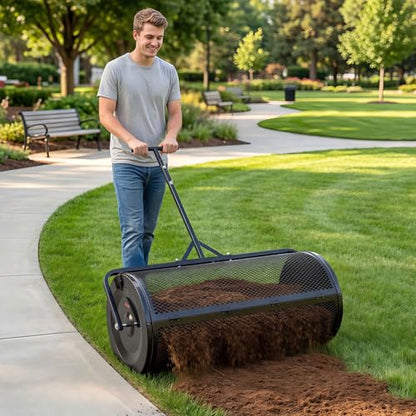 VEVOR Compost Spreader, 44" Wide Peat Moss Spreader with Push/Tow Handle, 4 Heights Adjustable, Powder-Coated Steel Garden Peat Moss Roller, Heavy Duty Grass Seed R - style: 44in