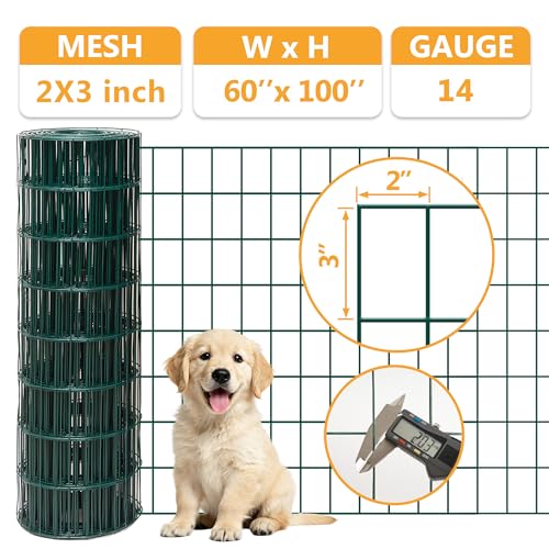 Green Metal Garden Fence,60inch(H) x 100ft(L),2 inch x 3 inch,14GA Coated (16GA Bare) 2/3/4/5/6 Ft Tall Chicken Wire PVC Coated Welded Wire Mesh Roll for Dogs Border Yard Vegetable Plant Poultry - color: Green, size: 14GA 2x3 60"x100'