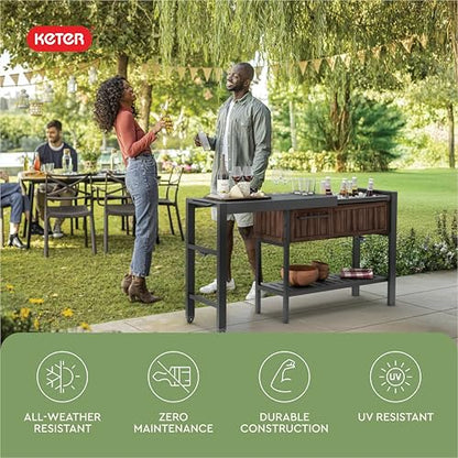 Keter Extendable Outdoor Bar Cart with Hidden Cooler, Storage Drawers & Prep Surface – Mobile Patio Serving Station with Drainage Kit & Hidden Wheels for Backyard, Garden & Poolside Entertaining - color: Extendable Bar Cart Rosewood