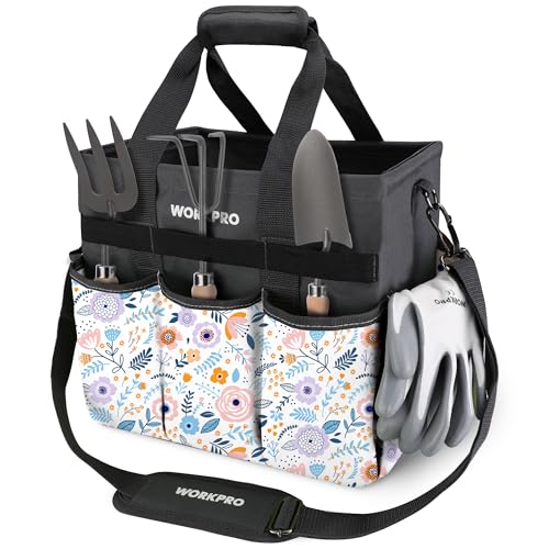 WORKPRO Garden Tool Bag, 10 Pockets and Shoulder Strap, Floral White - color: Floral White