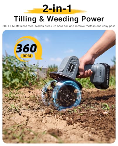 Mini Cordless Tiller Cultivator, 20V Electric Rototiller for Gardening, Lightweight 2.6 lbs Handheld Garden Tiller with 2×2.0Ah Battery, 4" Width×4" Depth, for Raised Beds, Lawn, Flower Beds & Weeding - size: 4inch x 4inch