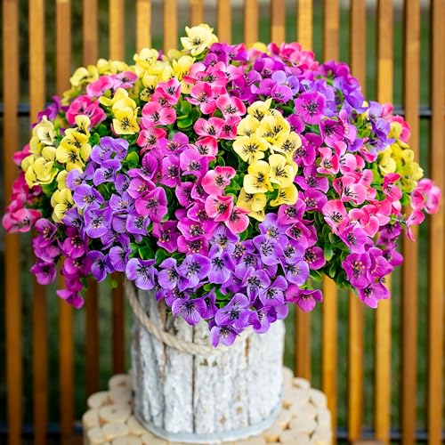 AXYLEX Artificial Pansies Outdoor, 16 Bundles Fake Plants (Yellow Mix) - color: Mixed, 4 Colors Red Pink Purple Yellow