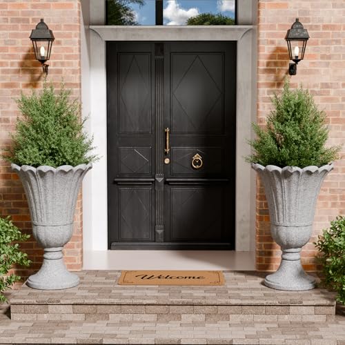 Tall Plastic Urn Planters and Pedestal - 24" Outdoor Planter Grey - color: Gray2-petal