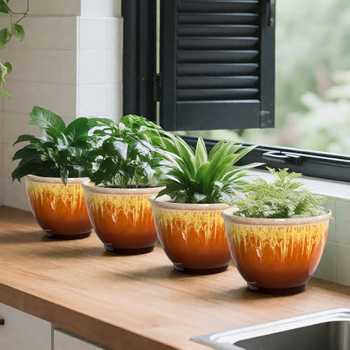 4 Pack Glazed Plant Pots, 8 Inch Modern Planters with Drainage Hole - color: Orange Glaze