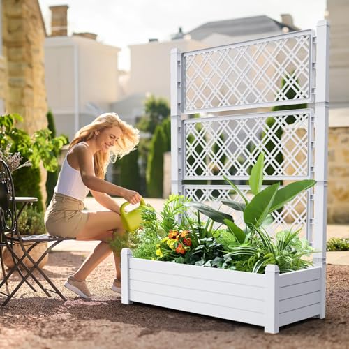EasyUp Raised Garden Bed with Trellis for Climbing Plants, Outdoor Herb Planter Box with Drainage Plug & Water Gauge, Durable Resin for Patio, Balcony, Yard, Dust-Proof Garden Planter